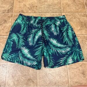 Merona Mens Tropical Palm Leaf Swim Trunks Navy Green Board Shorts Large